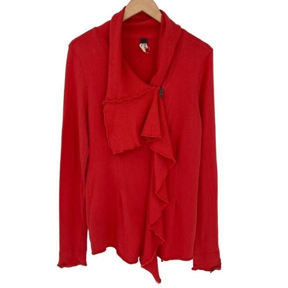 We The Free Pacific Coast Full Zip Asymmetrical Jacket Raw Hem Drapey Red Large - Picture 1 of 5